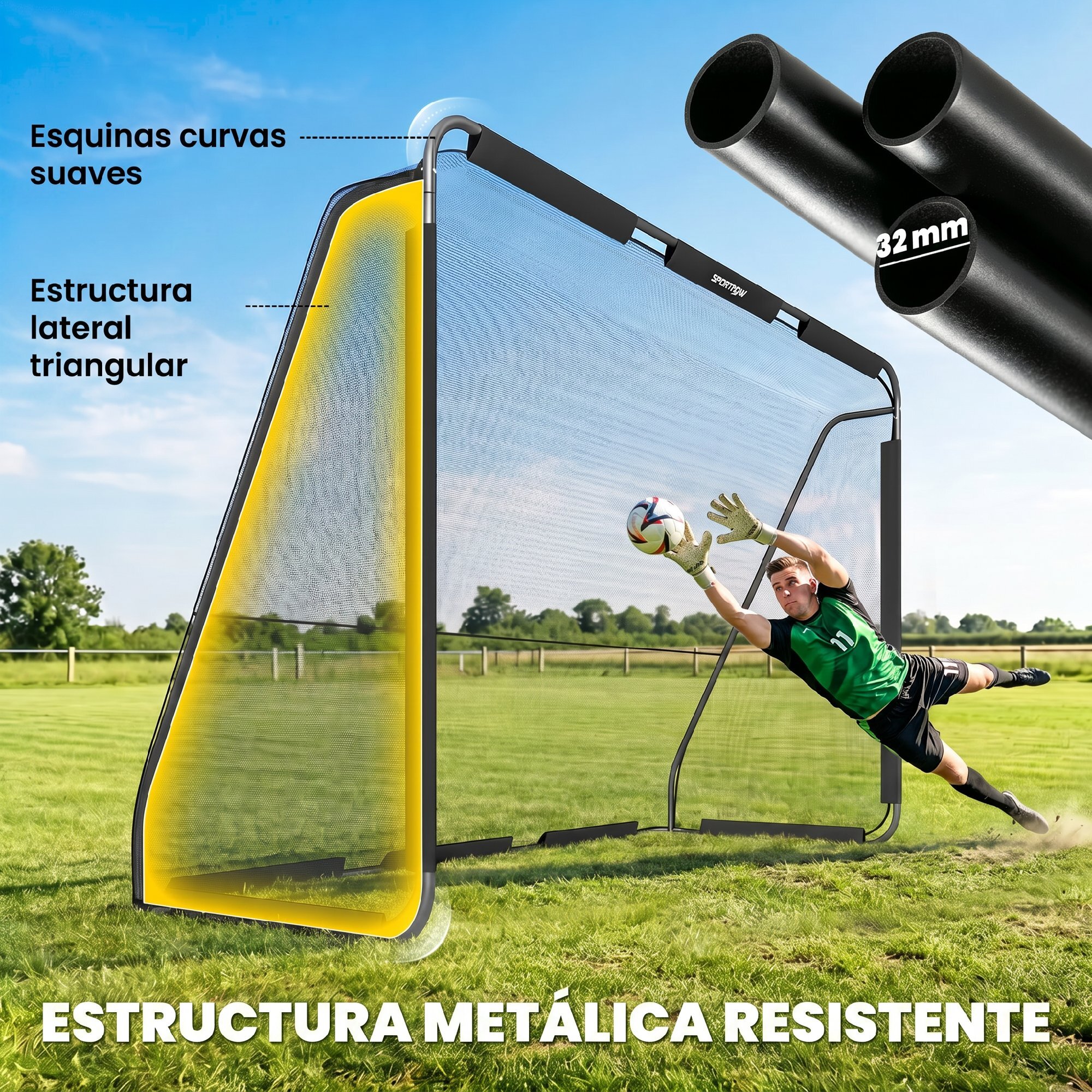Portería de Fútbol, Portería de Fútbol para Jardín con Red de Poliéster Resistente, Piquetas para Suelo y Estructura Metálica, Montaje Fácil, para Interior y Exterior, 300x120x200 cm, Negro