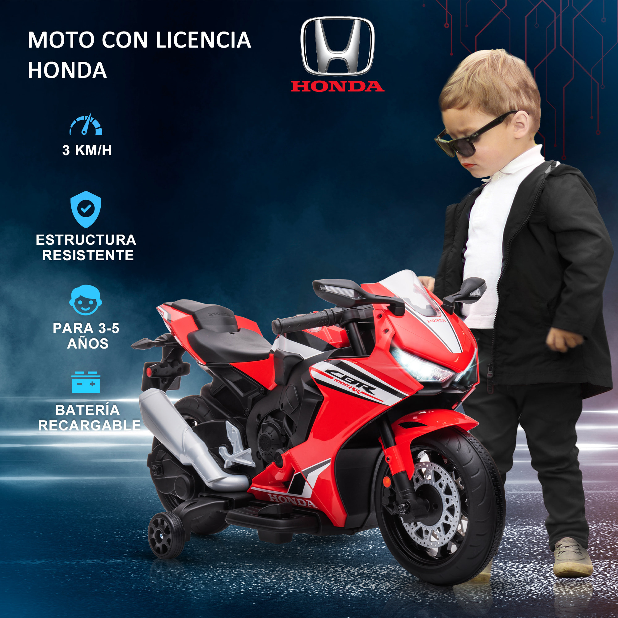 Moto Eléctrica con Licencia HONDA para Niños de 3-5 Años Moto a Batería 6V con Faro Bocina Música y Ruedas Auxiliares Extraíbles Carga 30 kg 90x44x52 cm Rojo