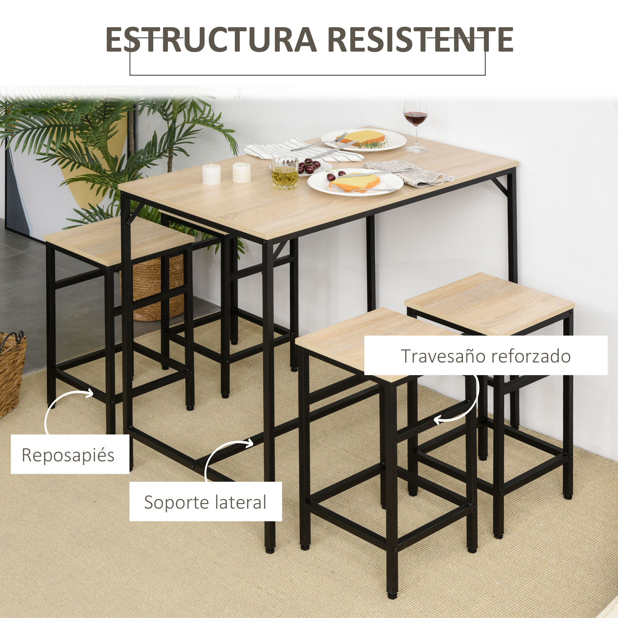 HOMCOM Set de Mesa de Bar y 4 Taburetes 5 Piezas con Reposapiés Juego de Muebles Altas con Mesa de 100x60x88 cm y Taburetes de 32x32x57 cm para Comedor Cocina Negro y Roble