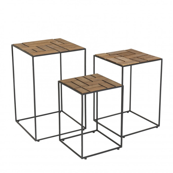 ALIDA - Set de 3 tables d'appoint gigogne plateaux bois teck recyclé structure métal noir