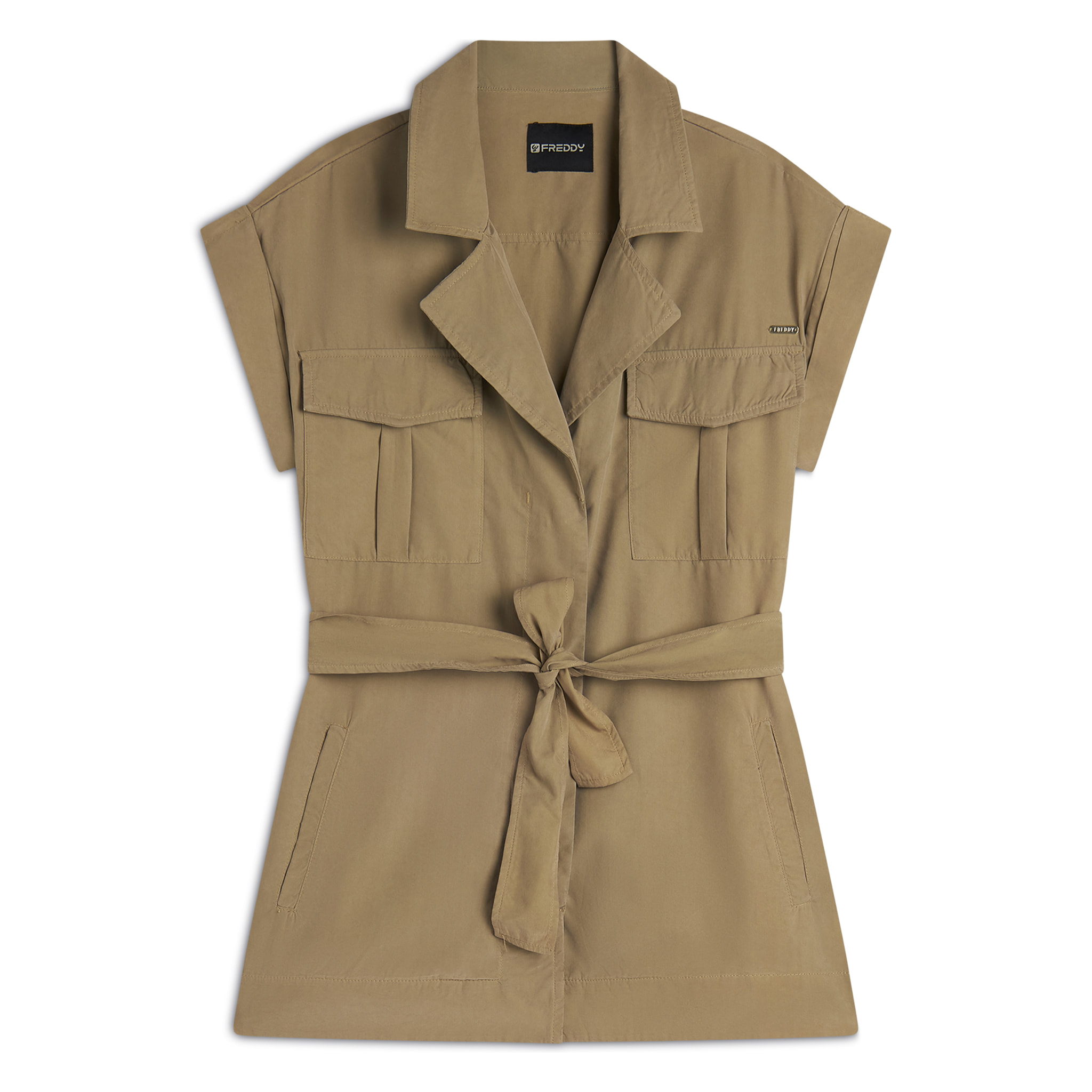 Trench donna senza maniche con cintura in vita