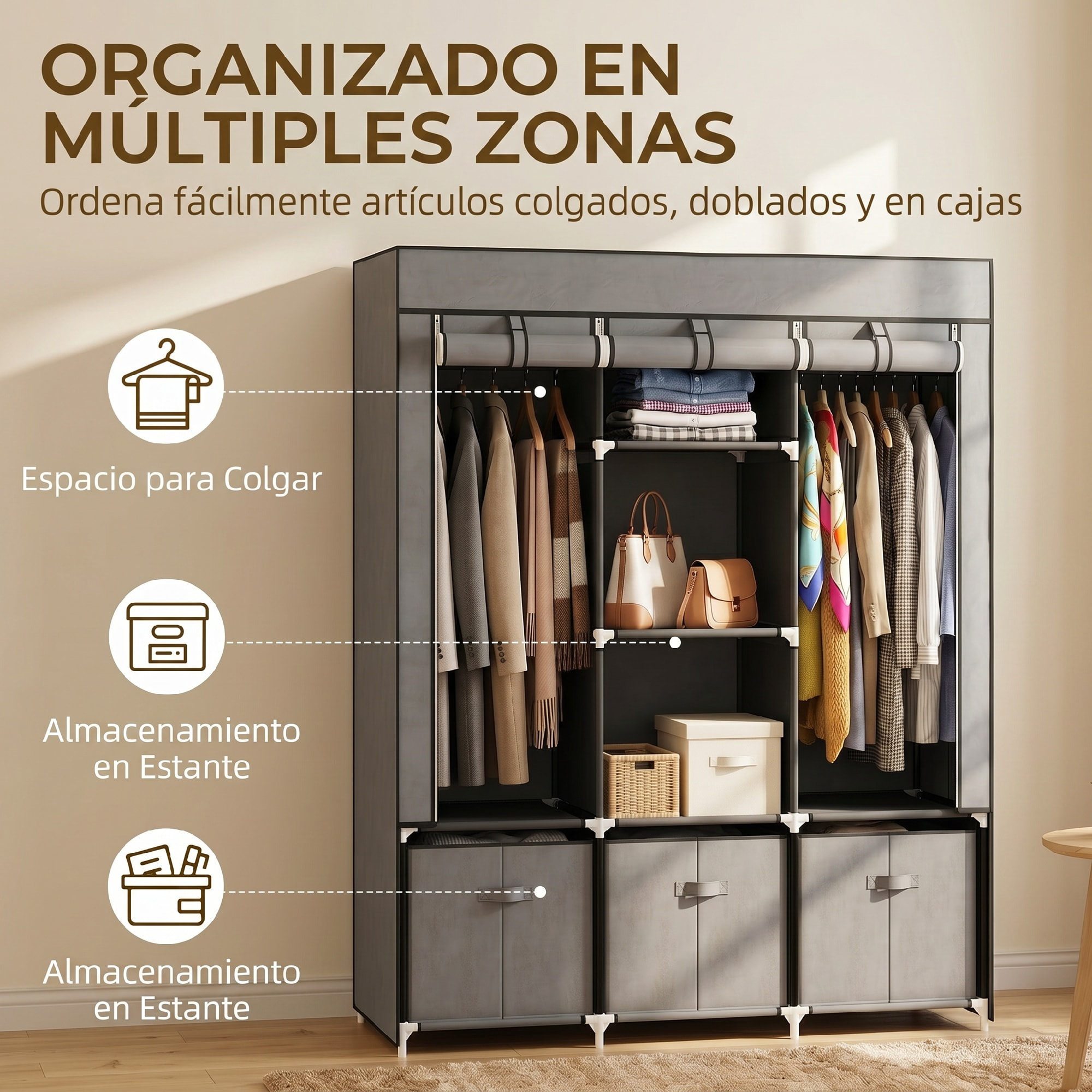 HOMCOM Armario de Tela, Armario Ropero con 2 Barras, 5 Estantes Abiertos, 3 Cajones, Cremallera, Marco de Acero, para Dormitorio, Espacio Pequeño, Vestidor, 125x43x162,5 cm, Gris Oscuro