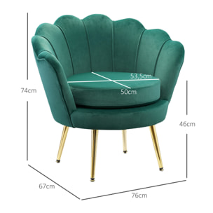 Fauteuil design coquillage pieds métal doré velours vert foncé