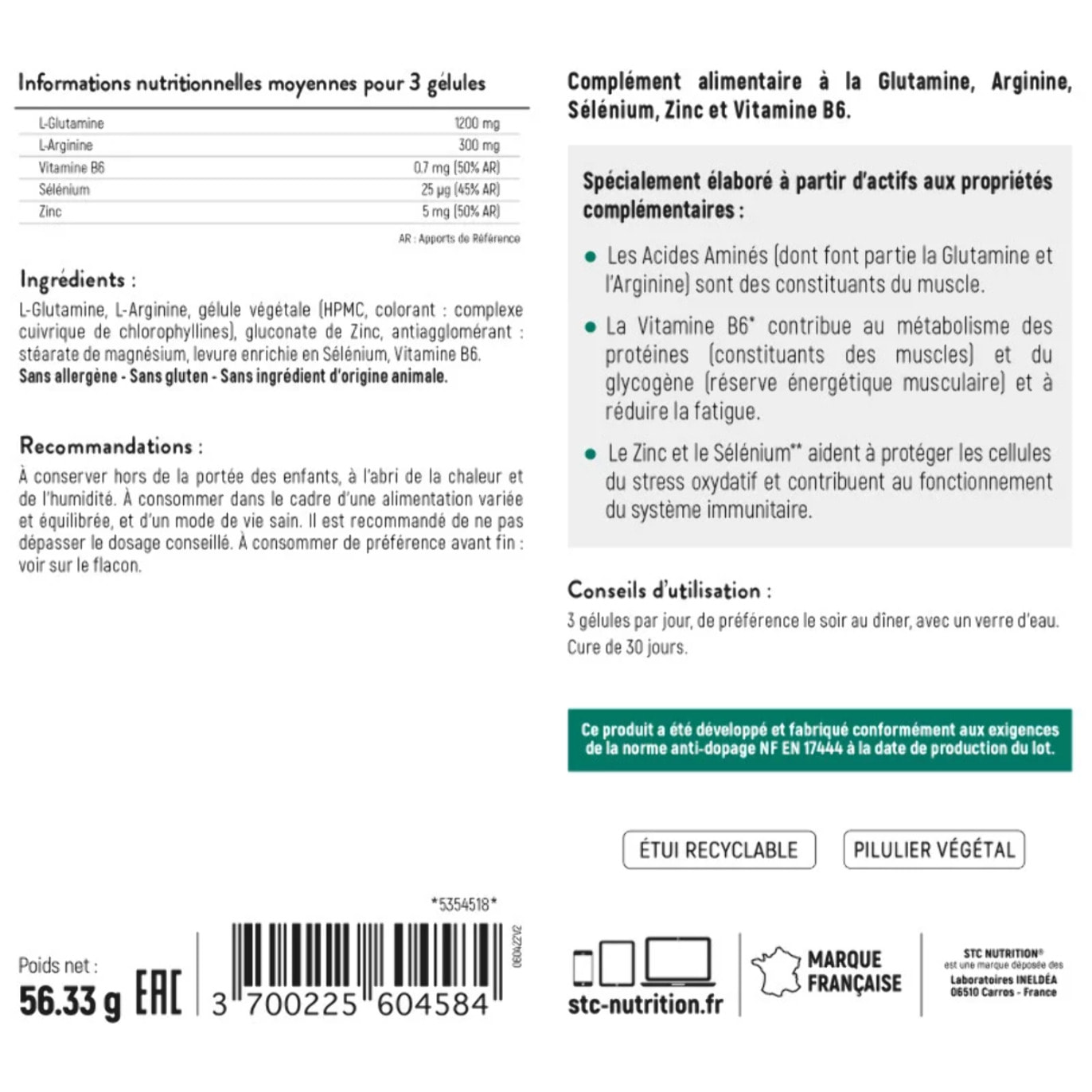 Glutamine 1200 - Synthèse des protéines & protection immunitaire - 100% vegan - Anti-Dopage - Cure de 30 j - 90 gélules