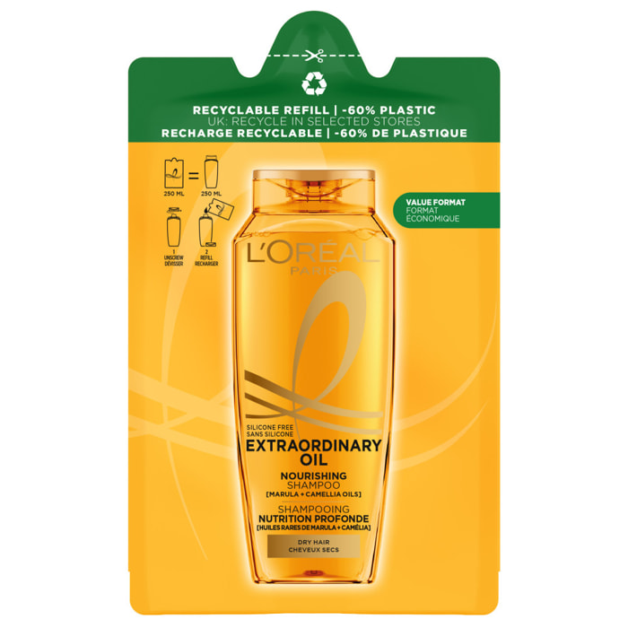 Lot de 6 - L'Oréal Paris Elseve Huile Extraordinaire Eco-recharge Shampooing Nutrition Eclat Huiles Rares de Marula et Camélia 2