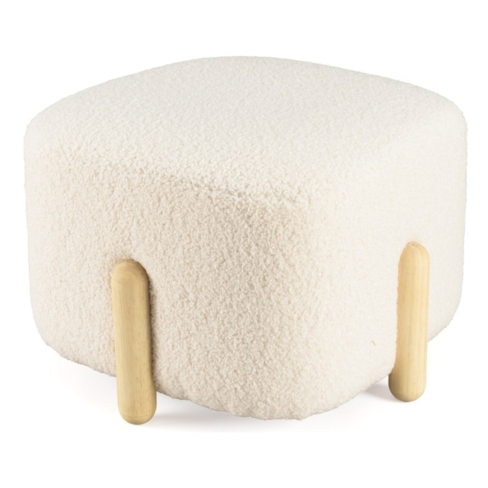 LEOPOLD - Pouf en tissu bouclette écru et pieds bois