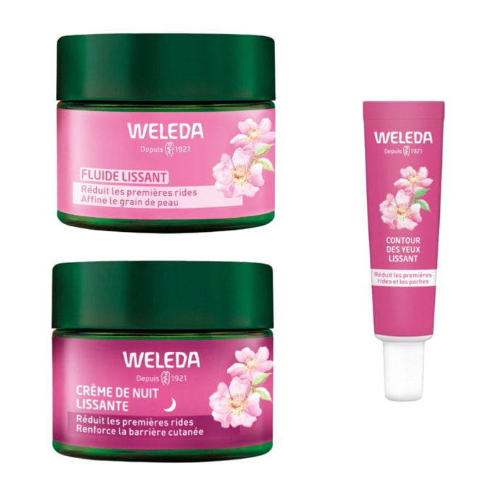 WELEDA - Lot Crème de Nuit lissante Rose musquée & Thé blanc, Fluide et Contour des yeux