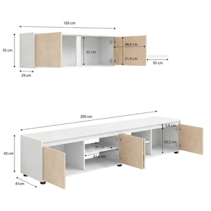 Salón con mueble de TV y estantería en blanco artik y efecto microcemento beige 200 cm Arlet Blanco Artik (Blanco Mate) - Microcemento Beige