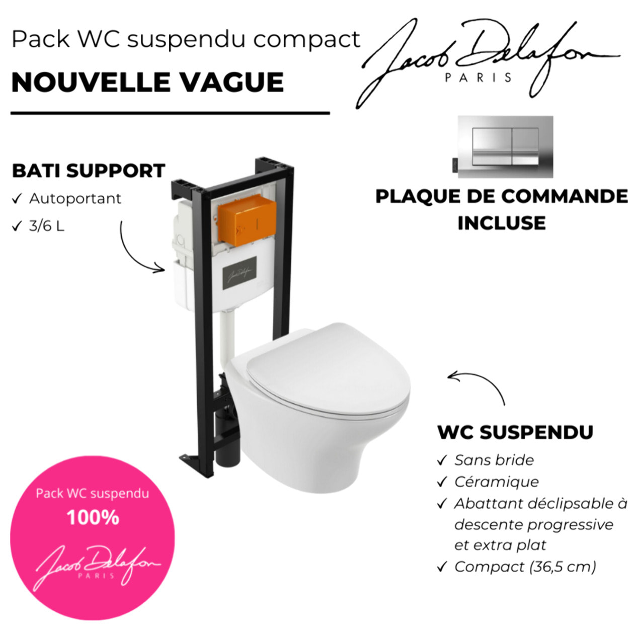 Pack WC suspendu sans bride compact Nouvelle vague+ bâti-support + plaque Chrome