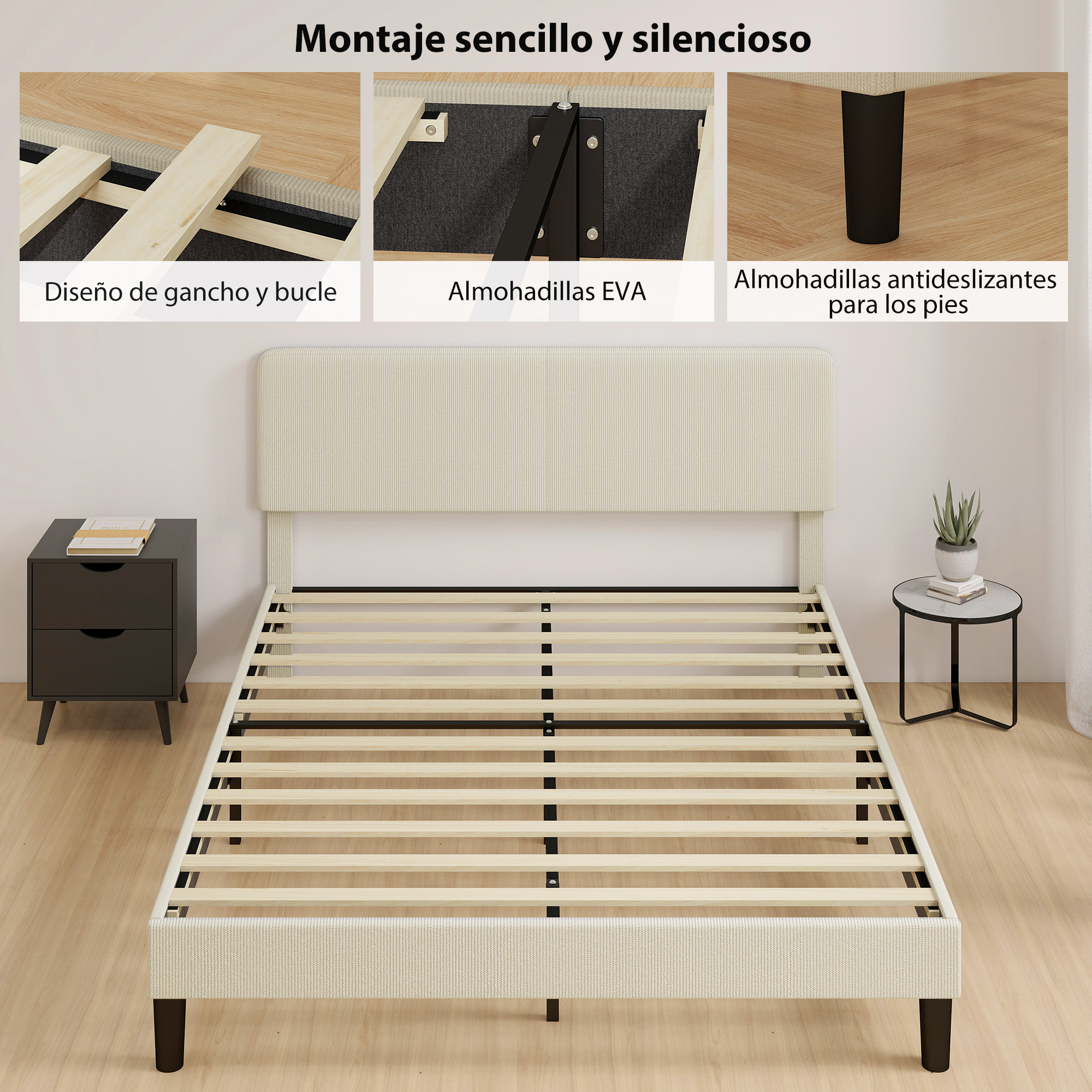 Somier 160x200 cm con Cabecero Ajustable, Estructura de Cama, Tapizado en Pana, Láminas de Madera, Fácil de Montar, Gris Claro