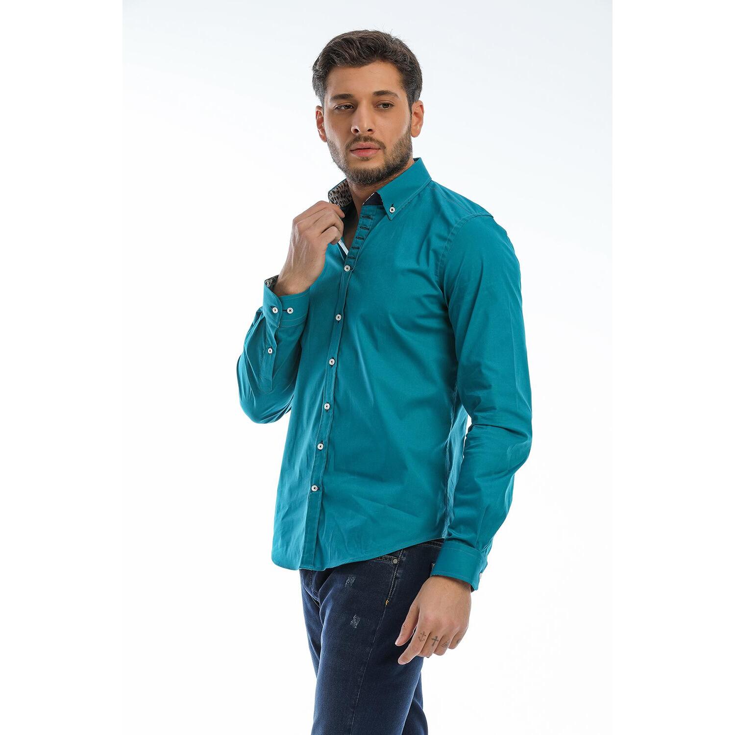 Camicia Uomo 1 Bottoni Button Down Slim Popeline Stretch Unito Verde Ottanio