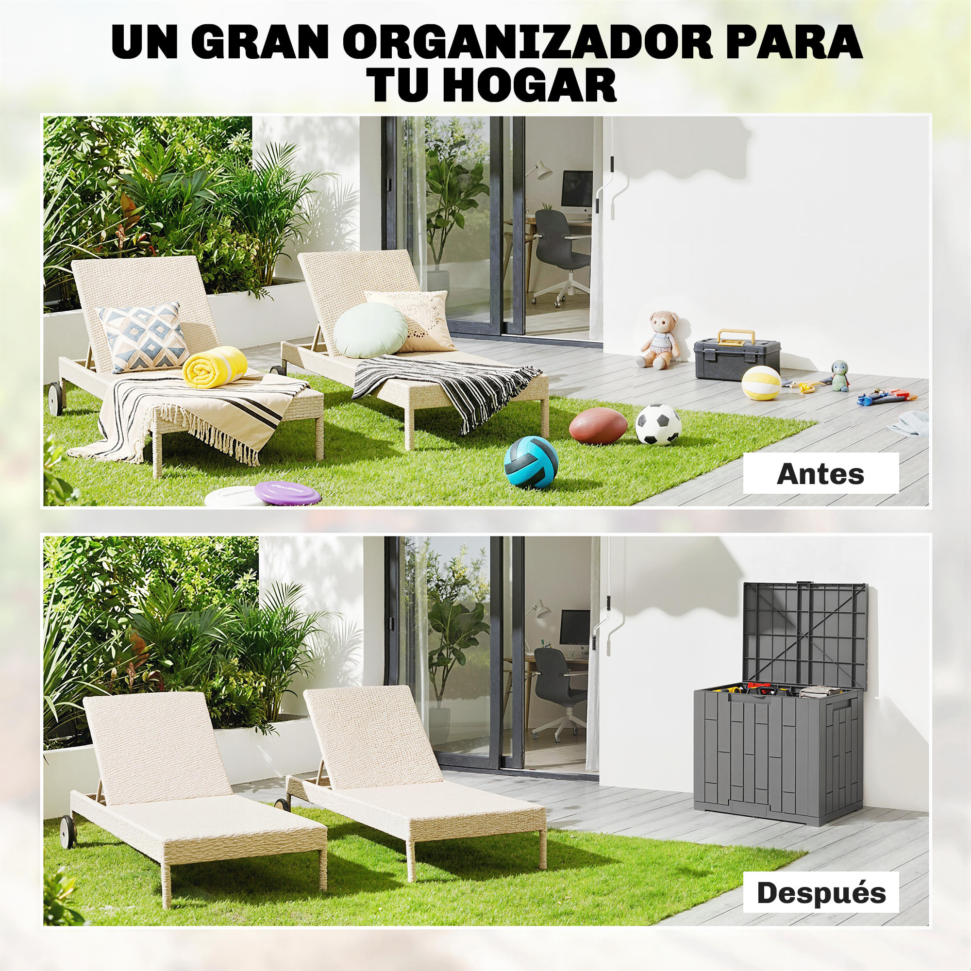 Arcón Exterior Capacidad 114L, Baúl de Almacenaje Exterior de Resina Resistente al Agua y a los Rayos UV, con Cerradura para Jardín, Terraza, Patio, 56x44x54 cm, Gris