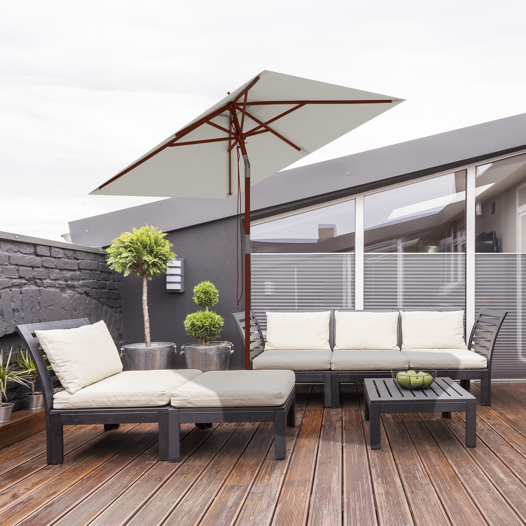 Sombrilla de Jardín 200x150x235 cm Parasol de Terraza Rectangular Inclinable con Anti-UV Impermeable y Poste de Madera para Playa Patio Beige