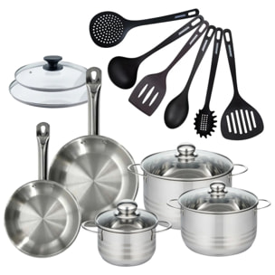 Set 2 poêles en inox, 2 couvercles verre, 3 faitouts inox et 6 ustensiles RPET Fackelmann Eterna