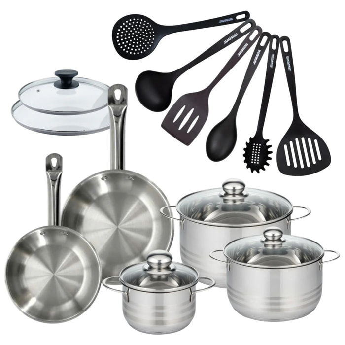 Set 2 poêles en inox, 2 couvercles verre, 3 faitouts inox et 6 ustensiles RPET Fackelmann Eterna