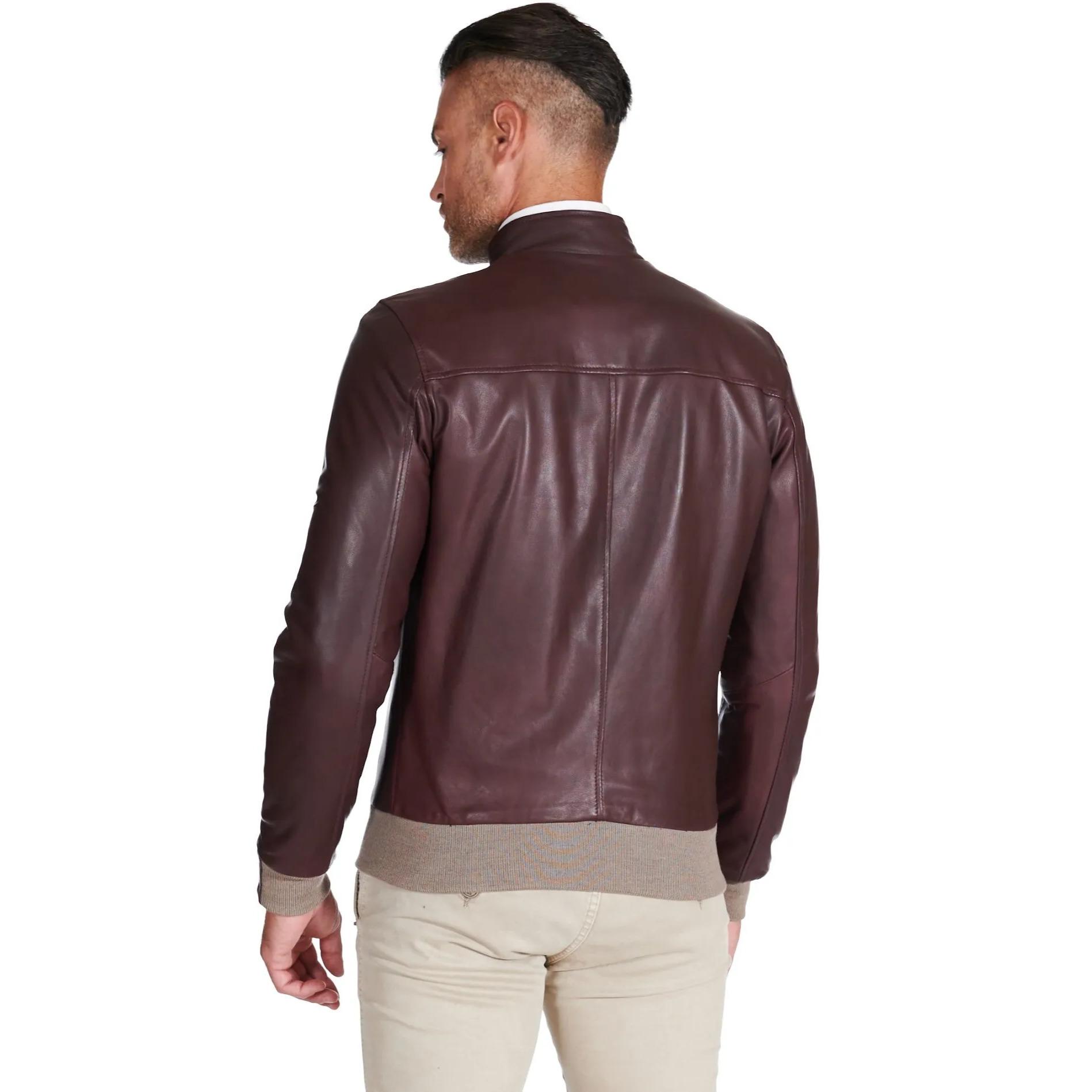 Giubbotto bomber in pelle naturale bordeaux lana a contrasto beige