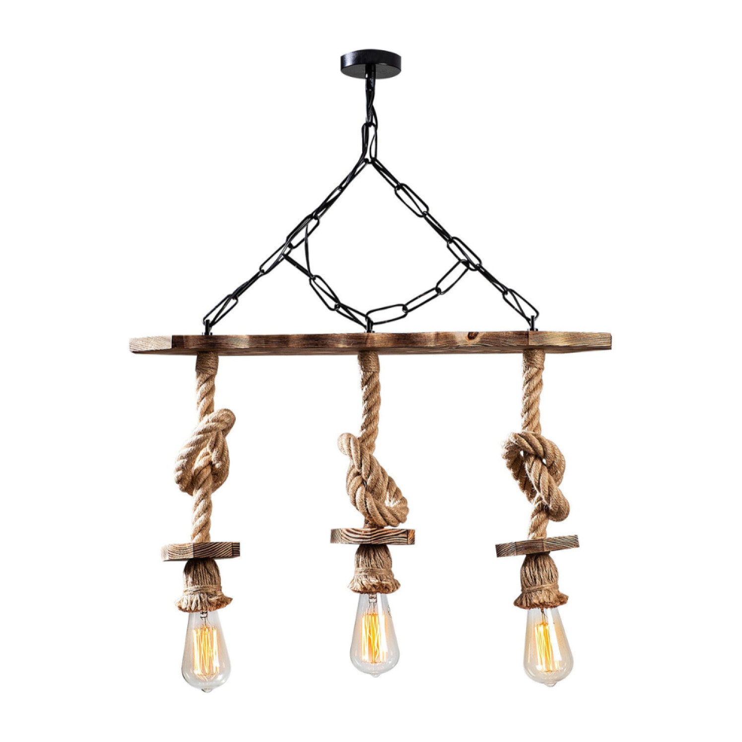 Suspension rustique filaire 3 lampes cordes et bois CASABLANCA
