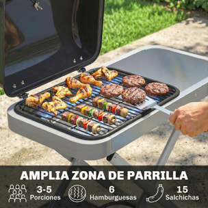 Outsunny Barbacoa de Gas Plegable, BBQ Gas con Quemador 2,5 kW, Barbacoa Portátil con Termómetro, Mesa Lateral, Parrilla de Hierro Fundido, Recogedor Grasa y 2 Ruedas para Jardín, Camping, Negro