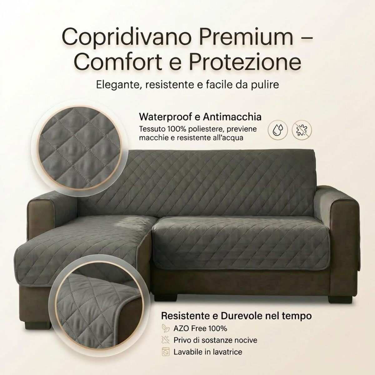 Copridivano 2 posti con penisola impermeabile e antimacchia, telo protettivo con braccioli adattabile a penisola destra e sinistra, vestibilità pratica e versatile, protegge da liquidi e sporco, facile da lavare, ideale per uso quotidiano