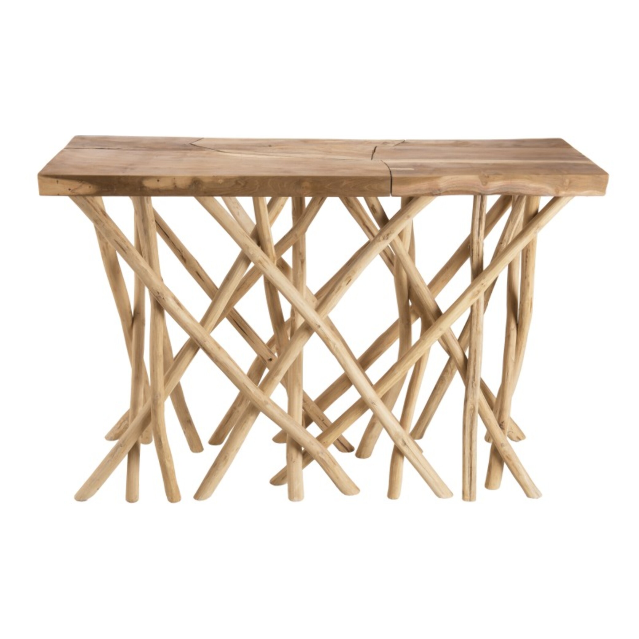 CLARA - Console bois nature plateau rectangulaire Teck - pieds bois flotté