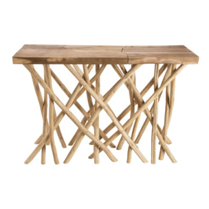CLARA - Console bois nature plateau rectangulaire Teck - pieds bois flotté