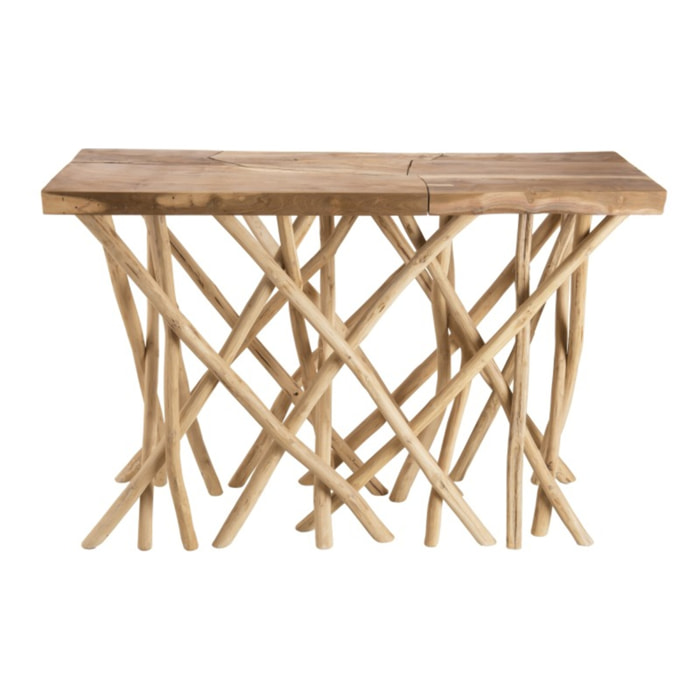 CLARA - Console bois nature plateau rectangulaire Teck - pieds bois flotté