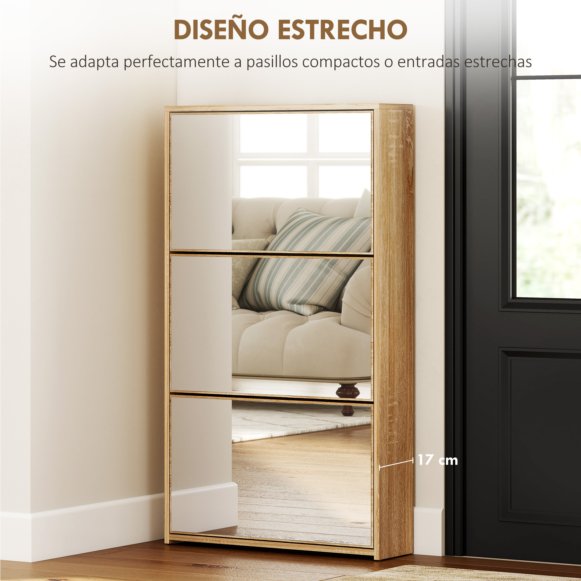 Zapatero Estrecho 3 Puertas con Espejo, Zapatero Entrada Recibidor, para 9 Pares de Zapatos, para Pasillo, Espacios Reducidos, 65x17x114,5 cm, Natural