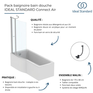 Pack baignoire bain douche 170 x 80 cm gauche Connect Air + tablier + pare bain avec volet + vidage Noir mat