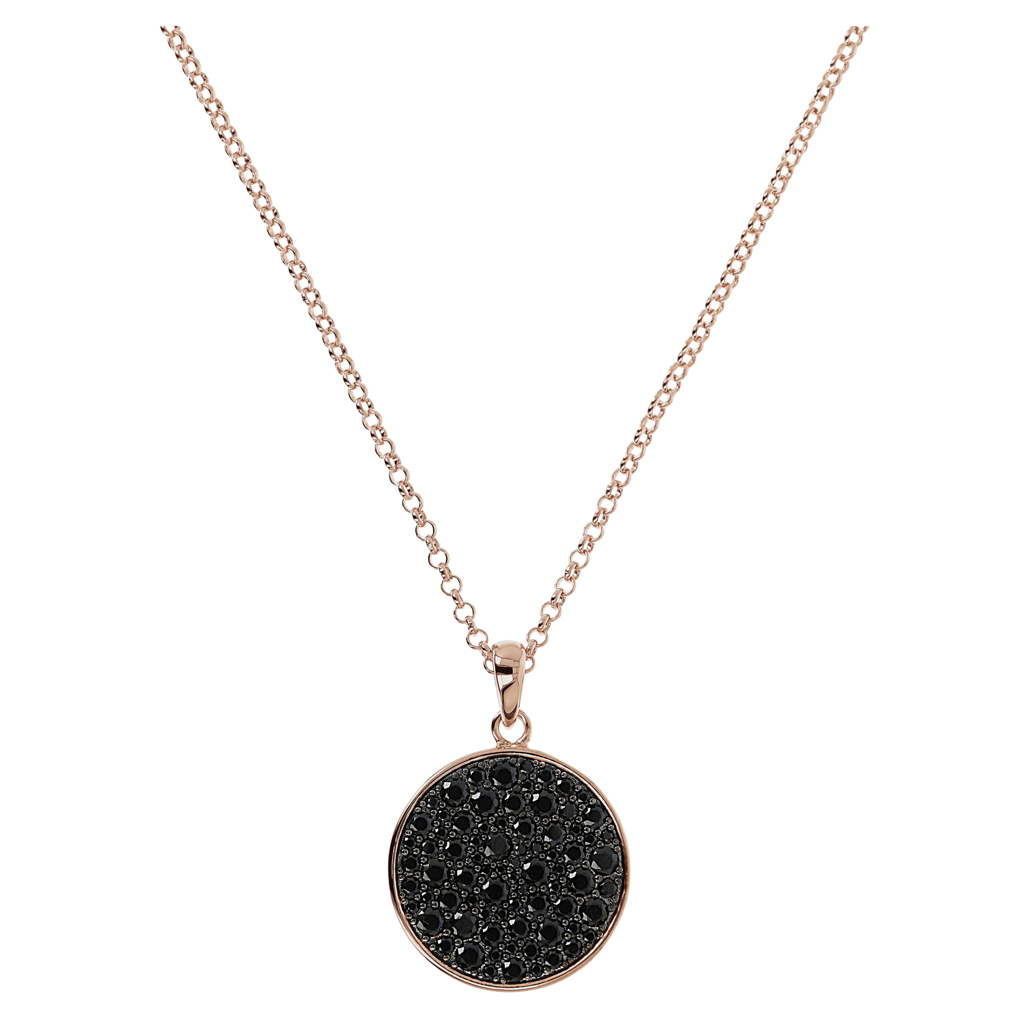 Collana Lunga Disco Pavé con Pietra Naturale Spinello Nero Placcata Oro Rosa 18kt