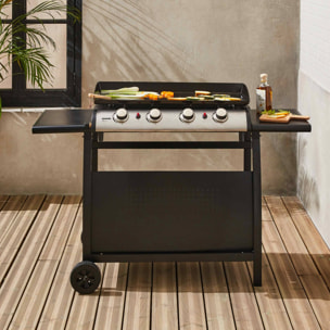 Plancha au gaz 4 brûleurs sur chariot - Porthos - 10kW. plancha à gaz avec desserte . cuisine extérieure. plaque émaillée. inox. barbecue