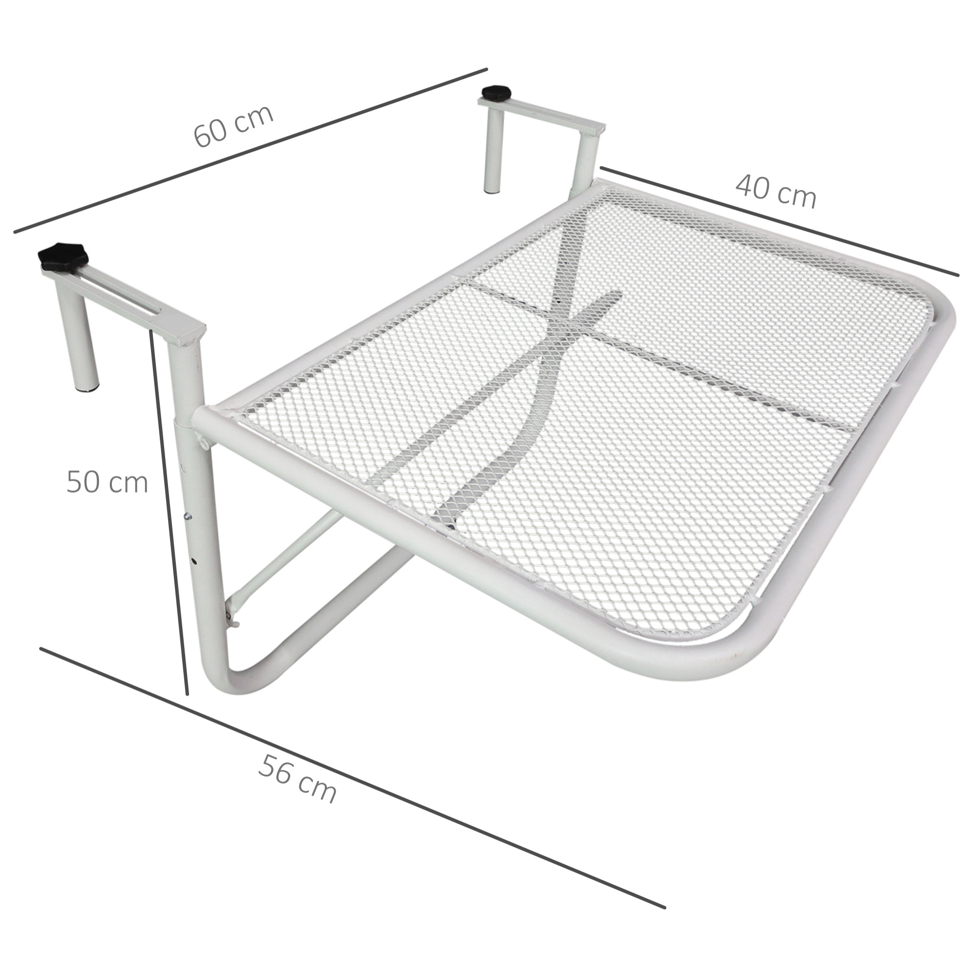 Mesa Colgante de Balcón con Brazo Regulable y Altura Ajustable en 3 Posiciones Marco Metálico Carga Máx. 30 kg 60x56x50 cm Blanco