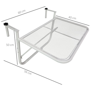 Mesa Colgante de Balcón con Brazo Regulable y Altura Ajustable en 3 Posiciones Marco Metálico Carga Máx. 30 kg 60x56x50 cm Blanco