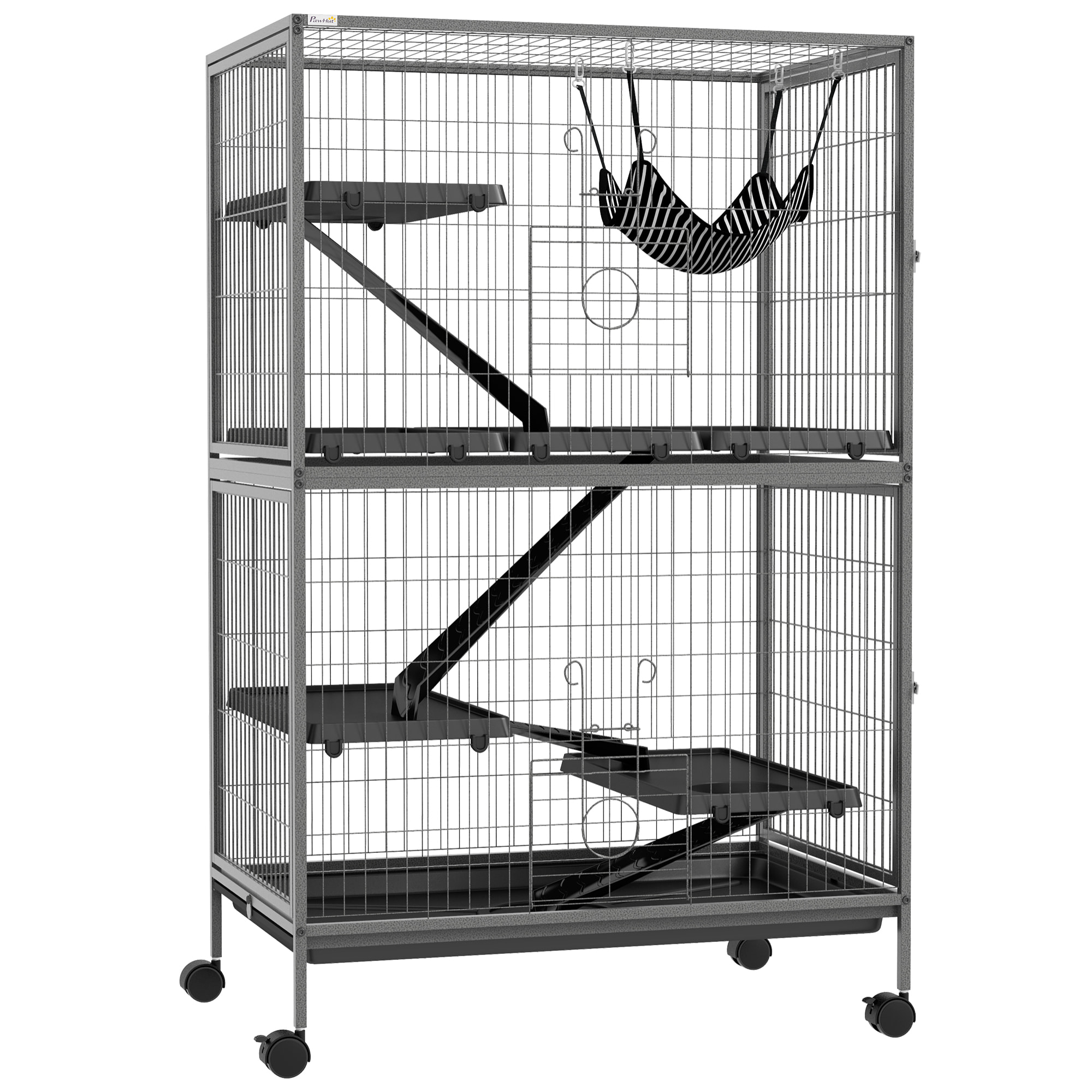 Cage pour rongeurs furet chinchilla 4 plateformes 3 rampes 4 portes hamac plateau acier gris noir