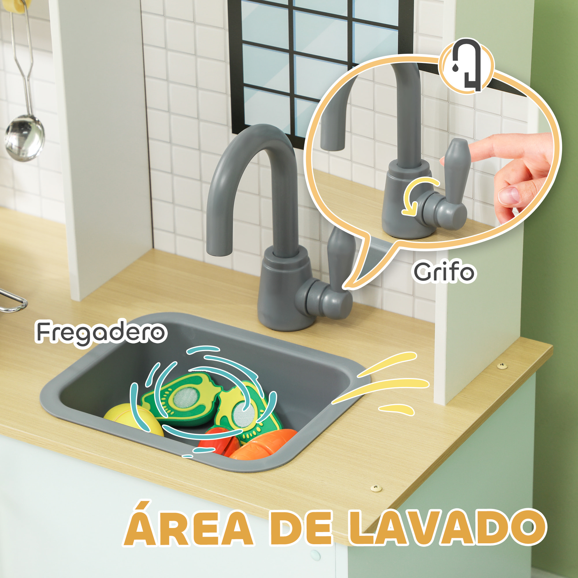 Cocina de Juguete para Niños +3 Años Cocina de Madera Infantil Cocinita Infantil con Sonido Fogón Horno Grifo Fregadero Microondas y Accesorios de Cocina Azul