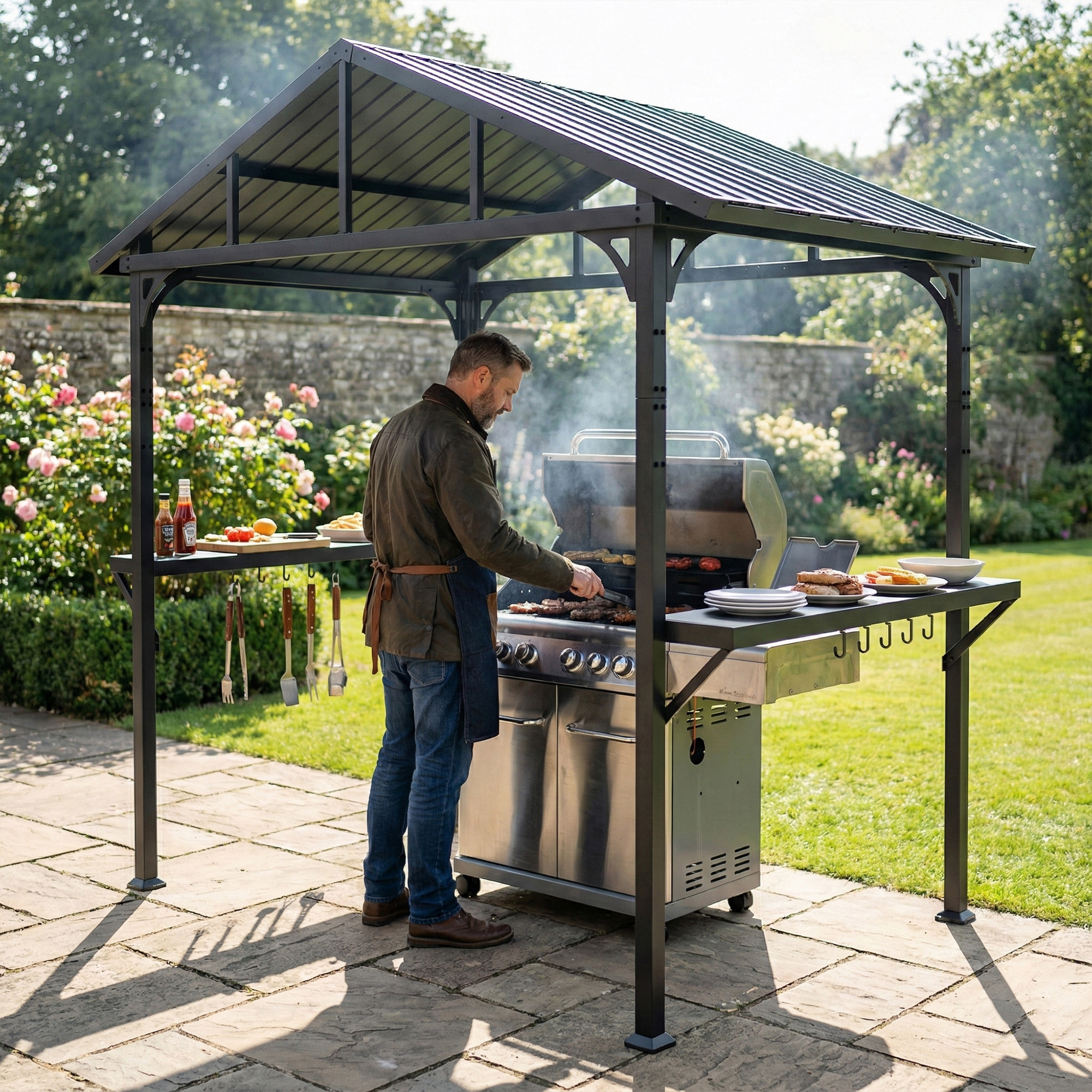 Abri pour barbecue 2 étagères latérales crochets acier noir