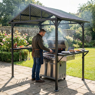 Abri pour barbecue 2 étagères latérales crochets acier noir