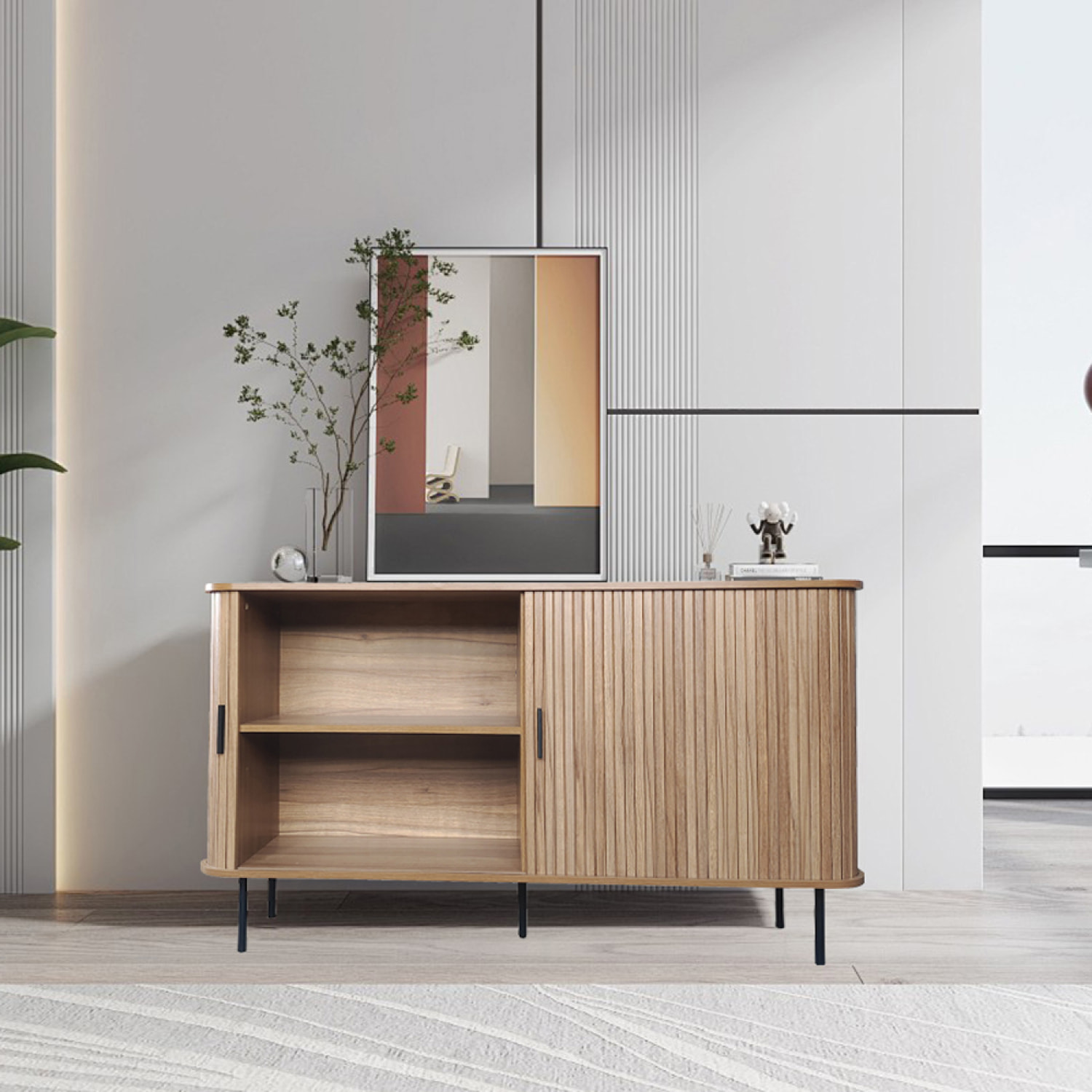 Buffet en bois cannelé à portes coulissantes 140cm AMINA