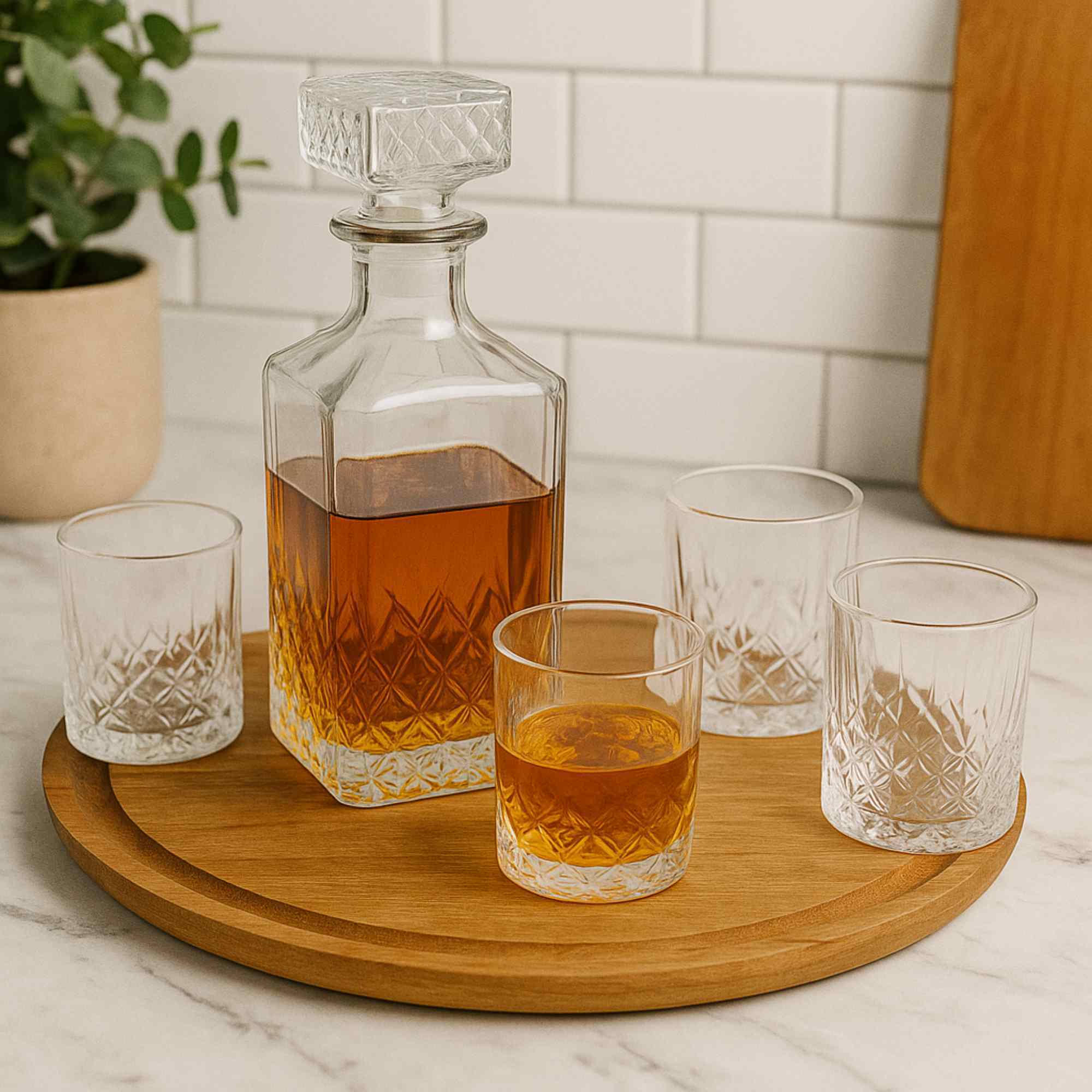 Set de vaso decantador elegante con tapas de cristal y vasos a juego