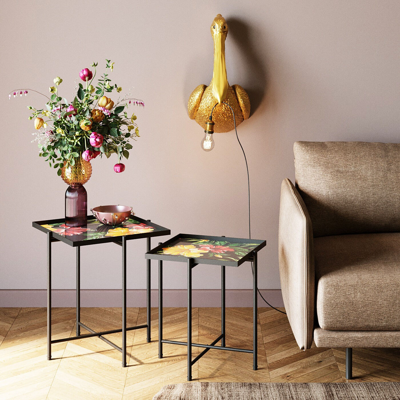 Tables d'appoint noires fleurs set de 2 Kare Design