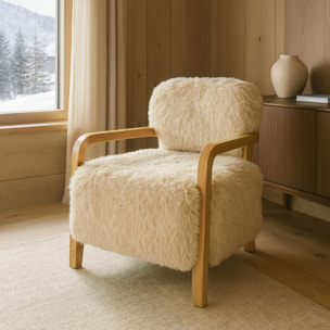 Fauteuil effet fourrure beige et structure en bois  YACK