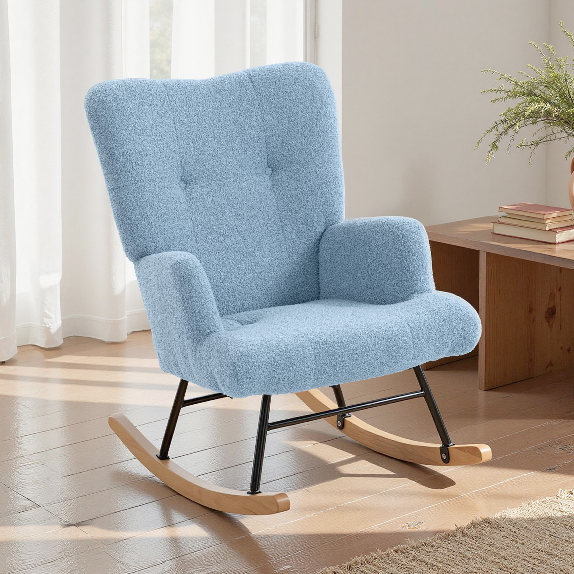 Silla Mecedora, Mecedora de Terciopelo de Teddy con Respaldo Alto, Patas de Madera de Caucho, Reposabrazos, Estilo Moderno, Sillón de Lactancia, Carga 120 kg, para Dormitorio, Salón, Azul Claro
