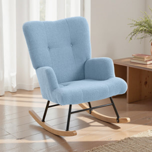 Silla Mecedora, Mecedora de Terciopelo de Teddy con Respaldo Alto, Patas de Madera de Caucho, Reposabrazos, Estilo Moderno, Sillón de Lactancia, Carga 120 kg, para Dormitorio, Salón, Azul Claro