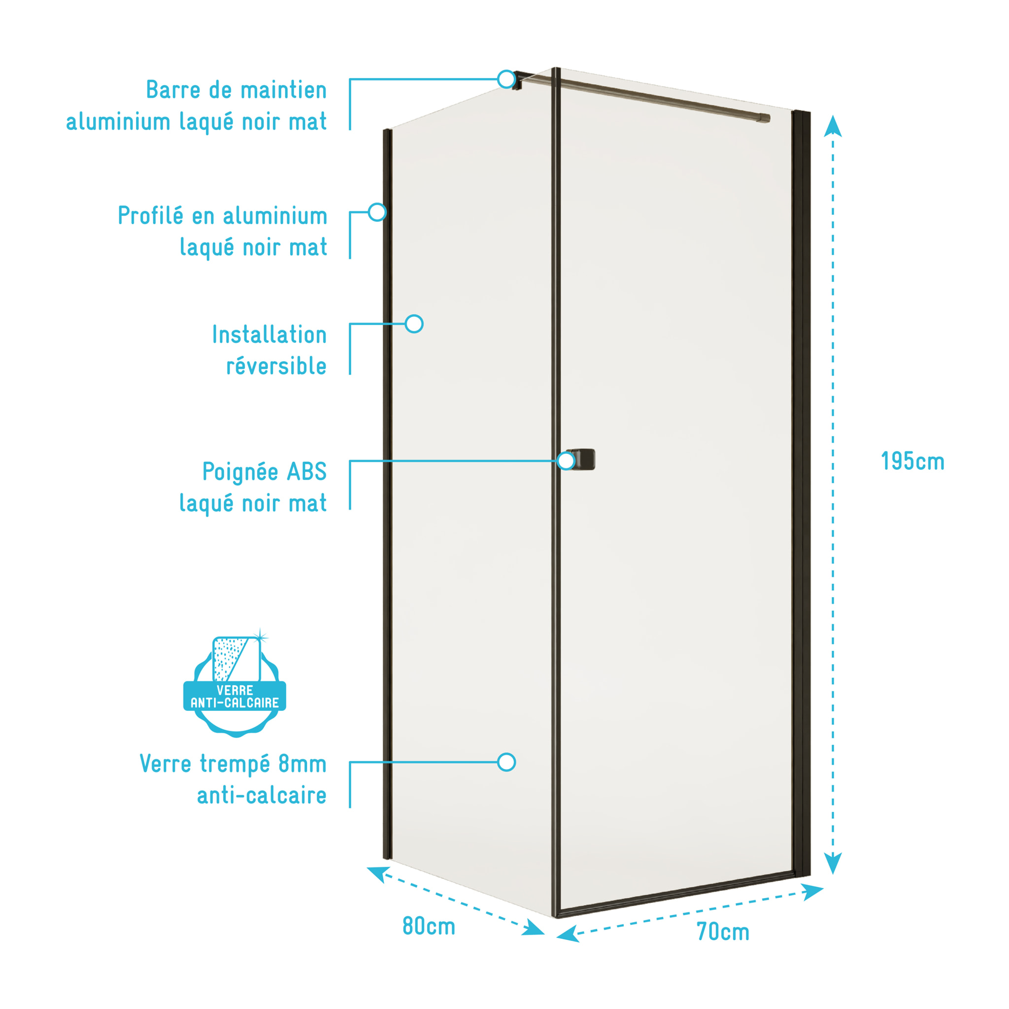 Porte de Douche Pivotante 70x195cm et Retour 80cm - Verre 8mm Anticalcaire - Profil Noir