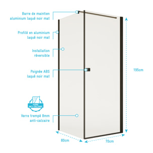 Porte de Douche Pivotante 70x195cm et Retour 80cm - Verre 8mm Anticalcaire - Profil Noir