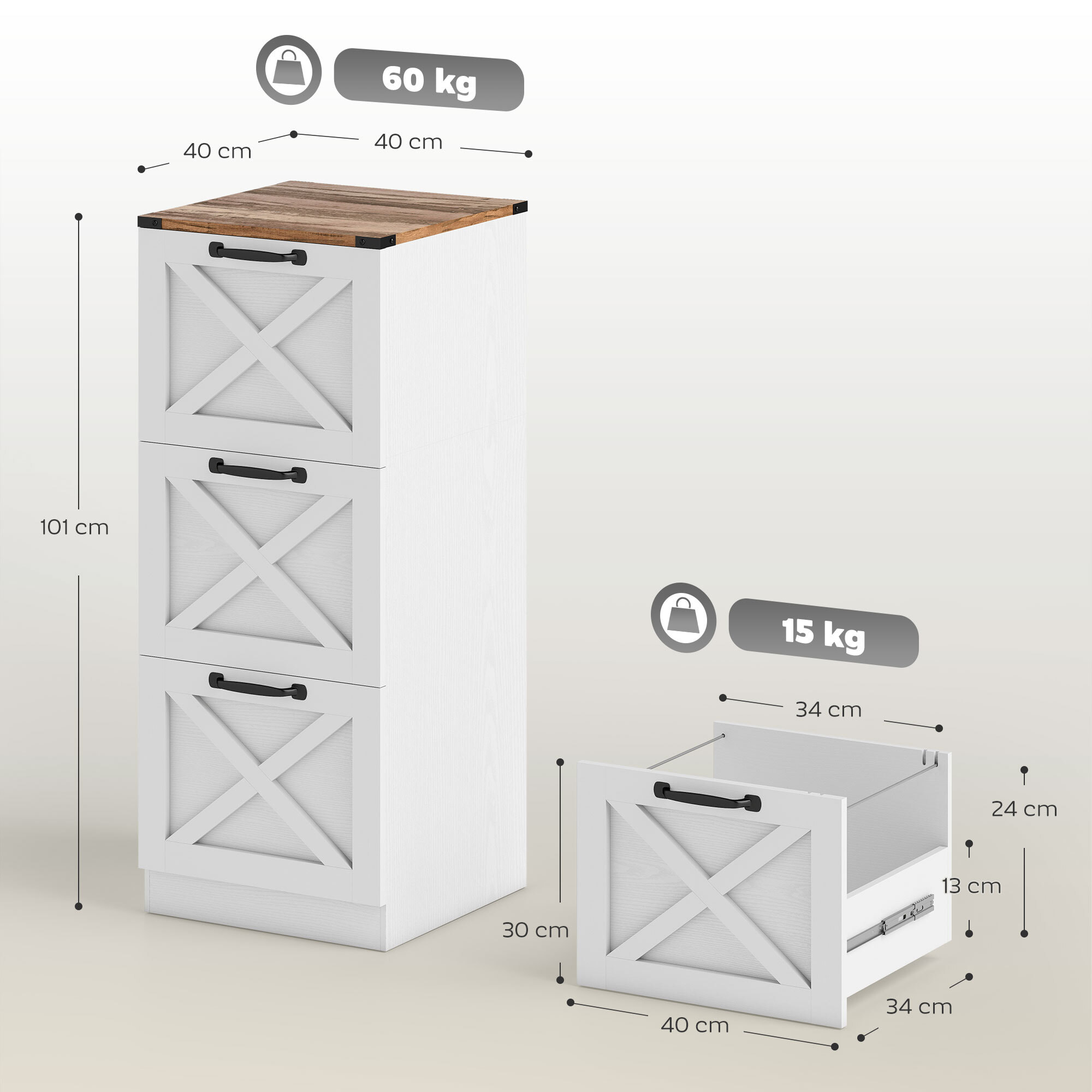 Caisson de bureau 3 tiroirs design campagne chic effet bois métal blanc