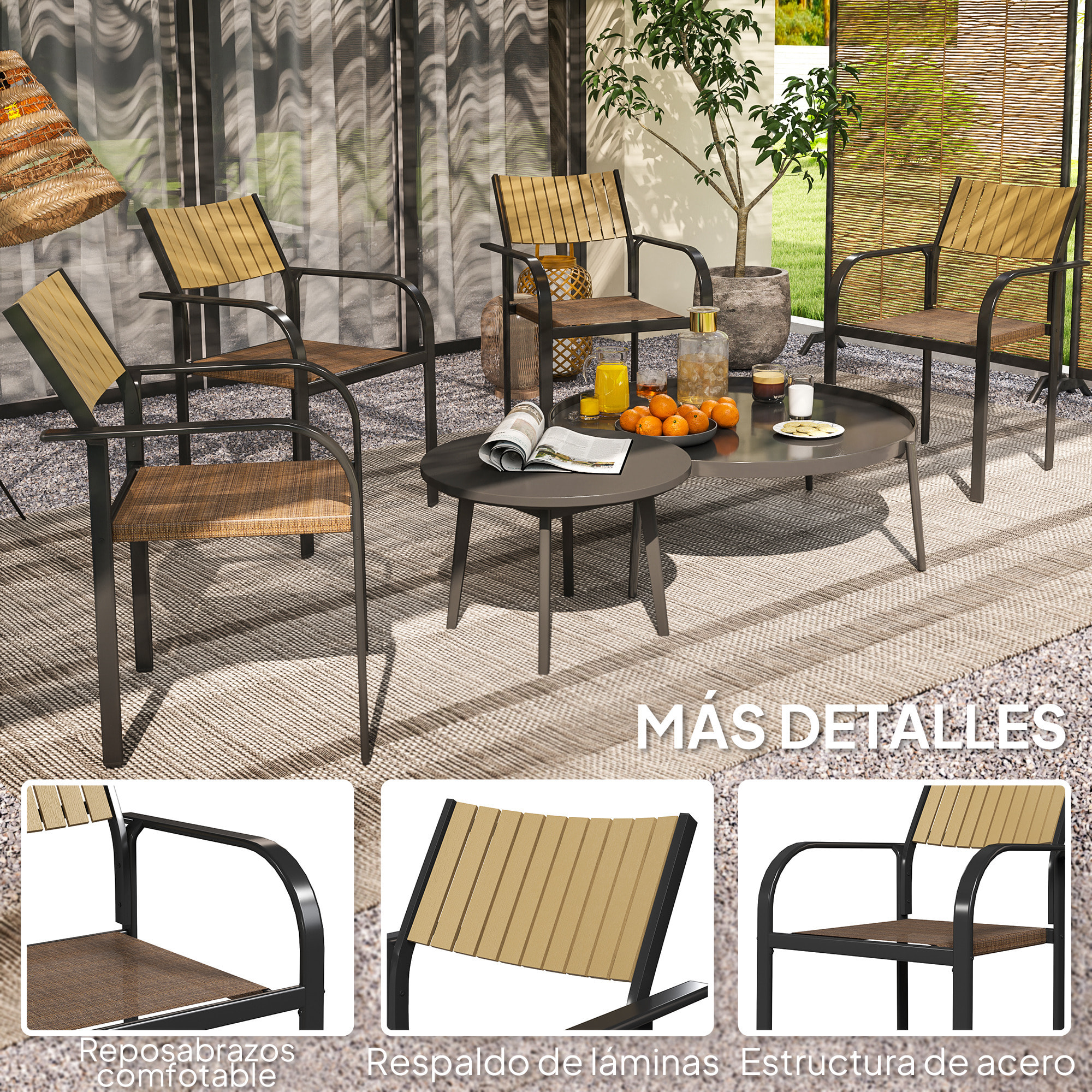 Juego de 4 Sillas de Jardín Exterior Sillas Terraza Exterior Apilables Sillón de Comedor con Tela Transpirable Marco de Acero Reposabrazos y Respaldo 58x65x85 cm Marrón