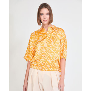 camicia in raso con maniche a sbuffo e stampa M