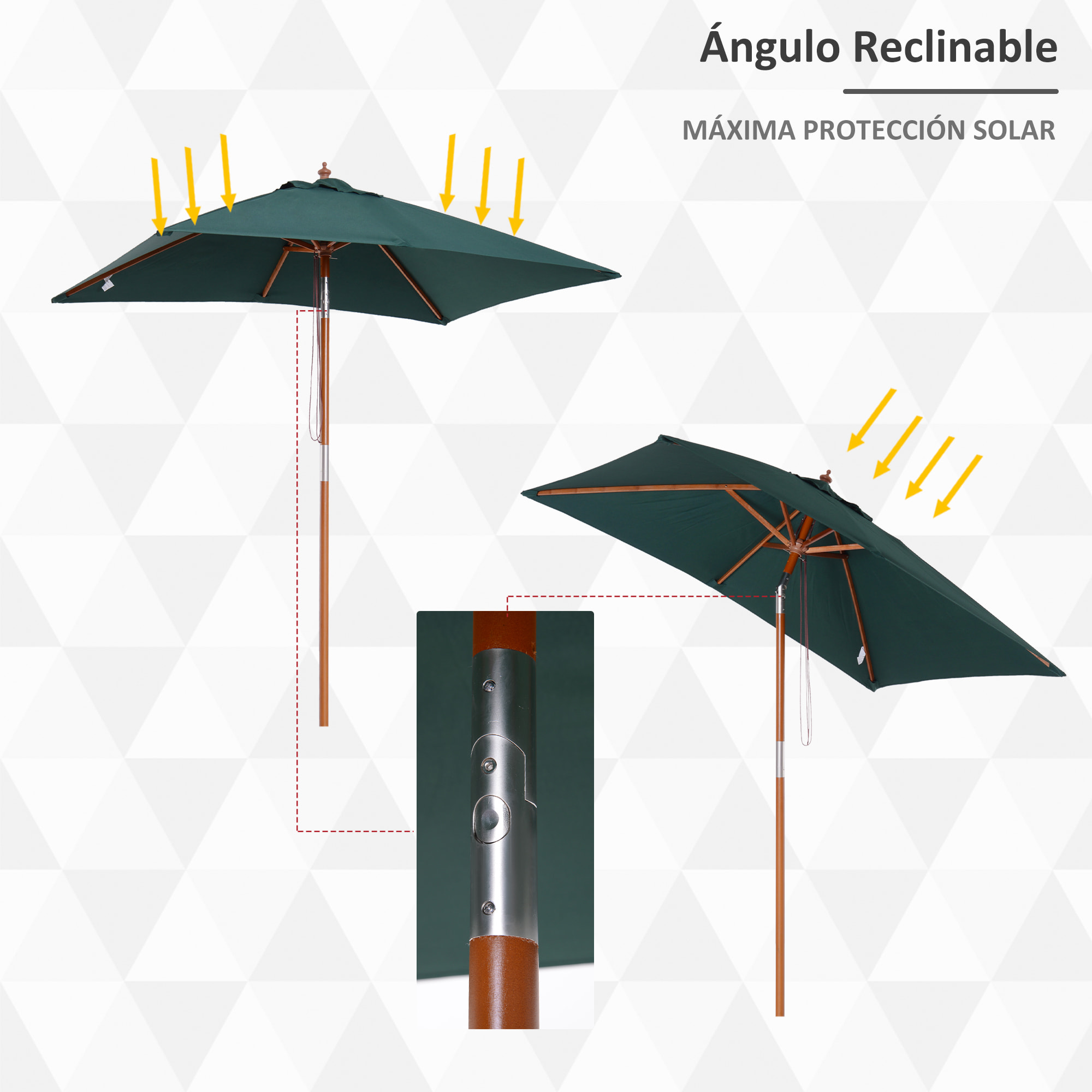 Outsunny Sombrilla de Jardín 200x150x230 cm Madera Inclinable con Manivela Verde