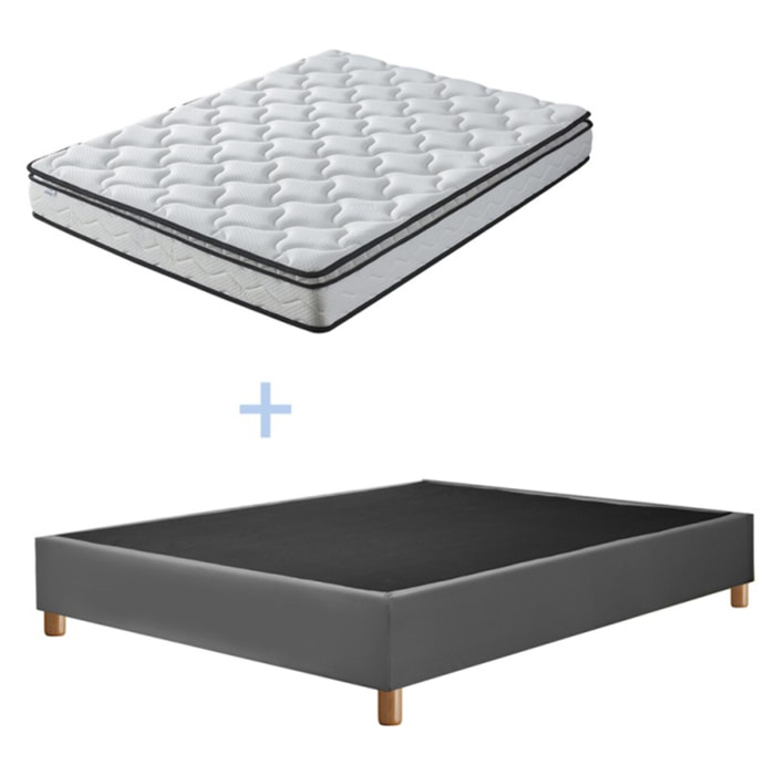 Ensemble matelas Sultan & sommier déco| 100% Mémoire de forme | Surmatelas intégré | Cadre à lattes | Simili Cuir | Gris