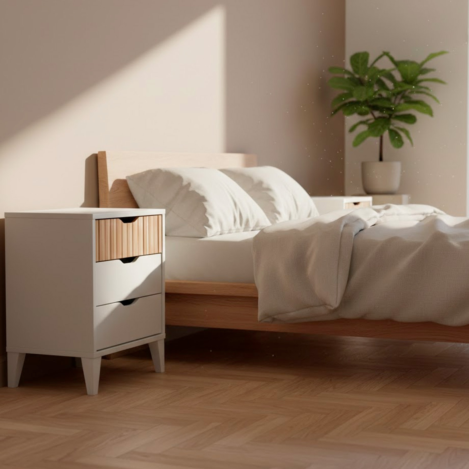 Comodino Stile Nordico Con 3 Cassetti Mobiletto Con Gambe Rialzate Design Scandinavo Zona Notte Salvaspazio 50 x 44 x 33 Cm Bianco E Rovere